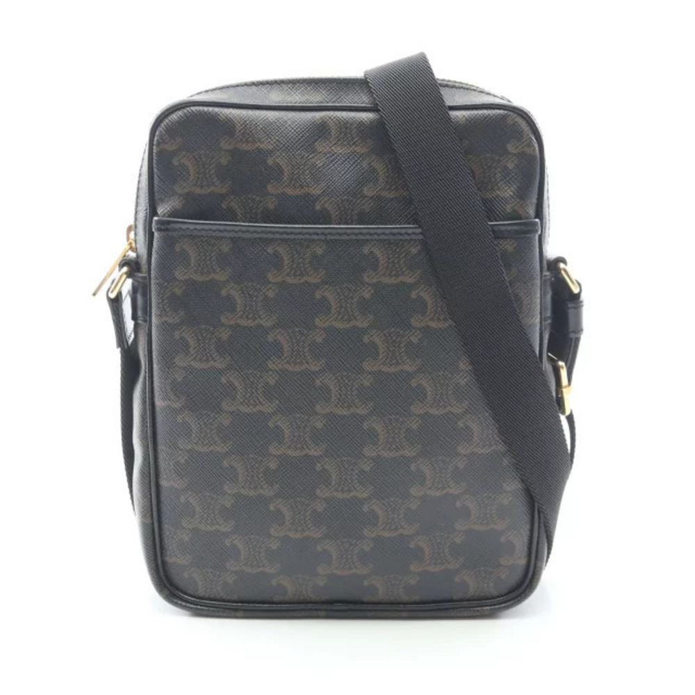Celine Triomphe Shoulder Bag Canvas Leather Black Brown